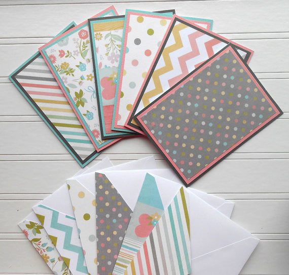 Sweetness: Blank Notecard Set of 6 Different Cards with Matching Embellished Envelopes - Sew Colorful Designs