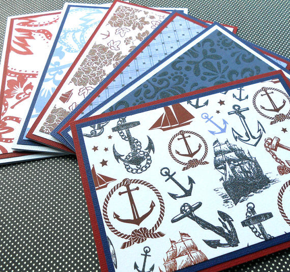 Nantucket: Blank Notecard Set of 6 Different Cards with Matching Embellished Envelopes - Sew Colorful Designs